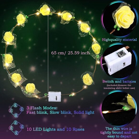 LED Flower Crowns 50 Pcs Colorful Light Up Hair Wreaths for Parties Weddings